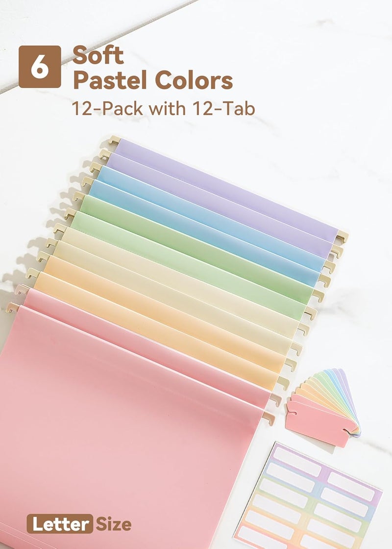 SortRax Plastic Hanging File Folders, Letter Size, 12 Pack Pastel Hanging Folders, with Insertable 1/5-Cut Tabs for Filing Cabinets - Image 5